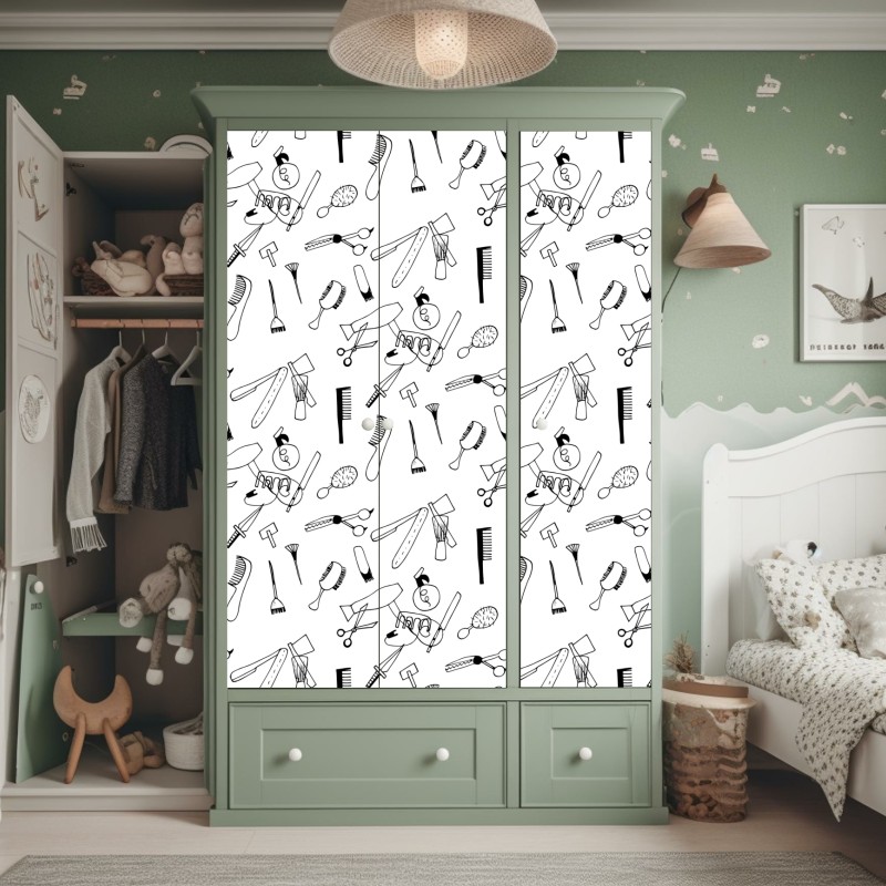 Naklejka na szafę ręcznie rysowany wzór narzędzi fryzjerskich – Wallissimo® Naklejka na szafę ręcznie rysowany wzór narzędzi fryzjerskich – Wallissimo®