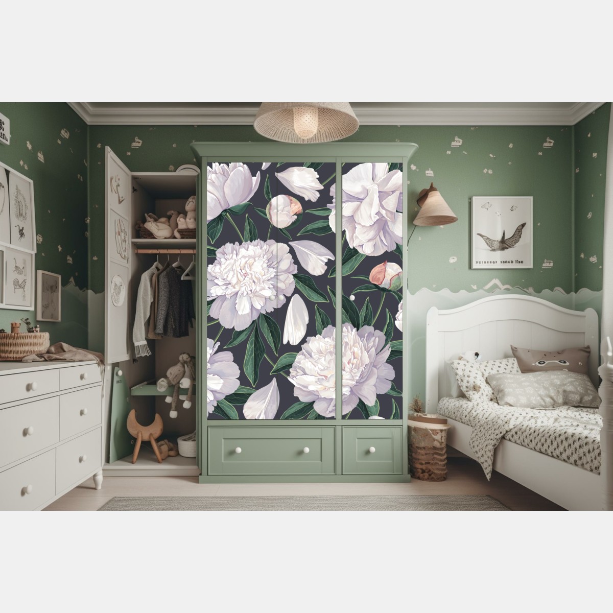 Naklejka na szafę wzór białych piwonii na grafitowym tle – Wallissimo® Naklejka na szafę wzór białych piwonii na grafitowym tle – Wallissimo®