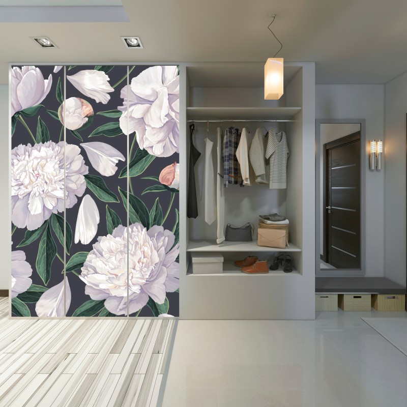 Naklejka na szafę wzór białych piwonii na grafitowym tle – Wallissimo® Naklejka na szafę wzór białych piwonii na grafitowym tle – Wallissimo®