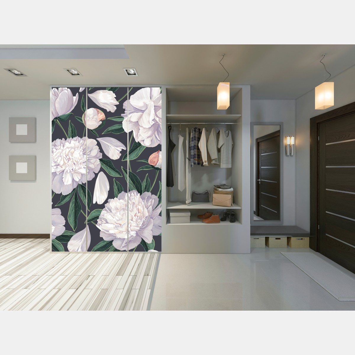 Naklejka na szafę wzór białych piwonii na grafitowym tle – Wallissimo® Naklejka na szafę wzór białych piwonii na grafitowym tle – Wallissimo®
