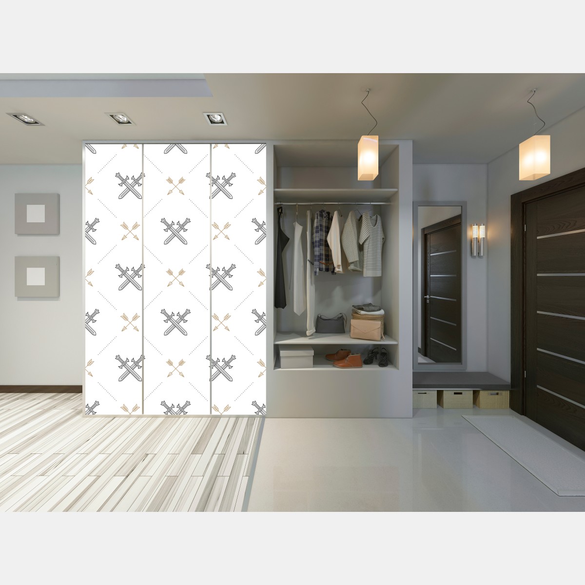 Naklejka na szafę wzór z połączonymi mieczami i strzałami – Wallissimo® Naklejka na szafę wzór z połączonymi mieczami i strzałami – Wallissimo®