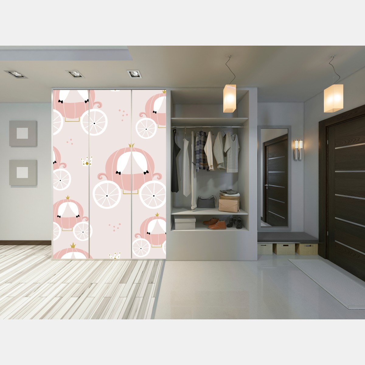 Naklejka na szafę różowy wzór z karetą księżniczki – Wallissimo® Naklejka na szafę różowy wzór z karetą księżniczki – Wallissimo®