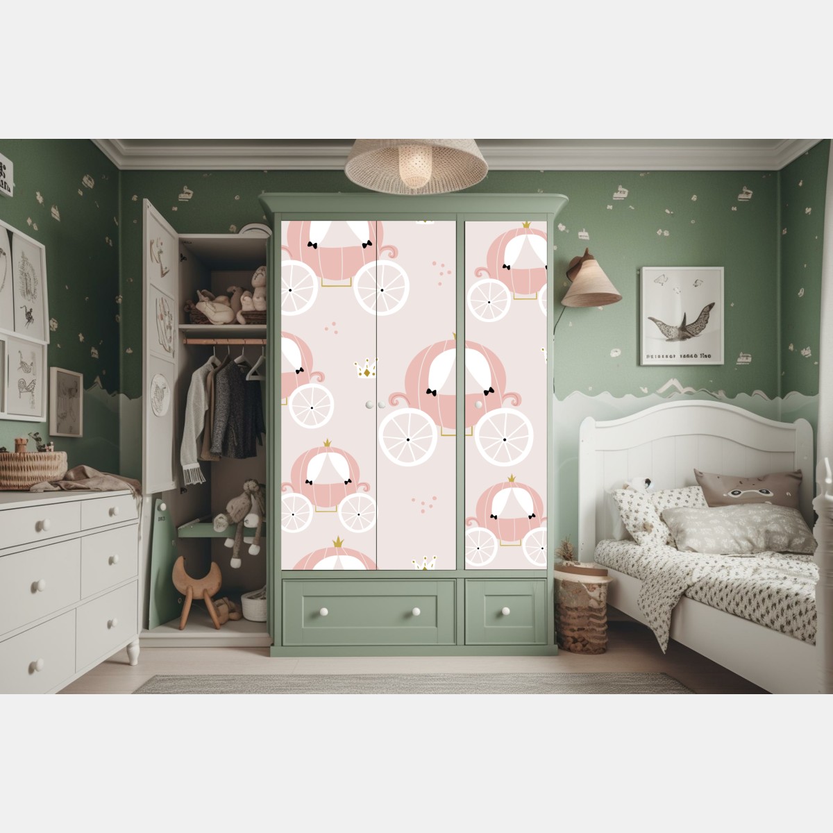 Naklejka na szafę różowy wzór z karetą księżniczki – Wallissimo® Naklejka na szafę różowy wzór z karetą księżniczki – Wallissimo®