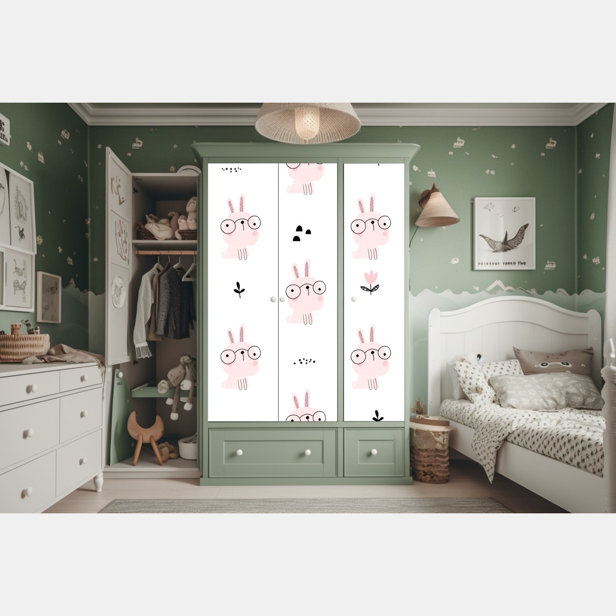 Naklejka na szafę uroczy różowy wzór króliczka do pokoju dziecięcego – Wallissimo® Naklejka na szafę uroczy różowy wzór króliczka do pokoju dziecięcego – Wallissimo®