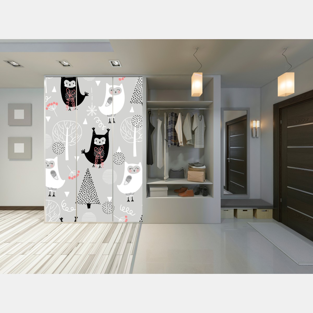 Naklejka na szafę skandynawski wzór z sówkami do pokoju dziecięcego – Wallissimo® Naklejka na szafę skandynawski wzór z sówkami do pokoju dziecięcego – Wallissimo®