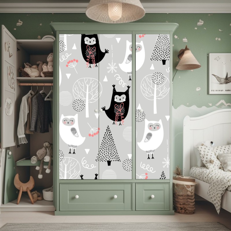 Naklejka na szafę skandynawski wzór z sówkami do pokoju dziecięcego – Wallissimo® Naklejka na szafę skandynawski wzór z sówkami do pokoju dziecięcego – Wallissimo®