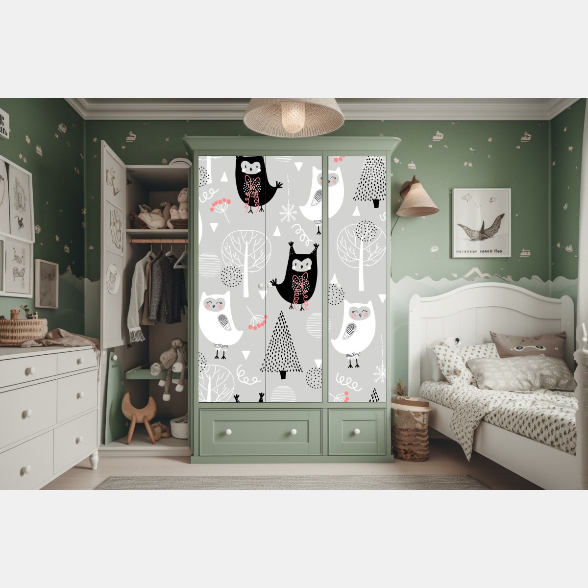 Naklejka na szafę skandynawski wzór z sówkami do pokoju dziecięcego – Wallissimo® Naklejka na szafę skandynawski wzór z sówkami do pokoju dziecięcego – Wallissimo®
