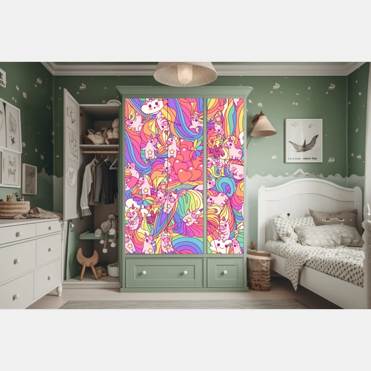 Naklejka na szafę pastelowy wzór z jednorożcami – Wallissimo® Naklejka na szafę pastelowy wzór z jednorożcami – Wallissimo®