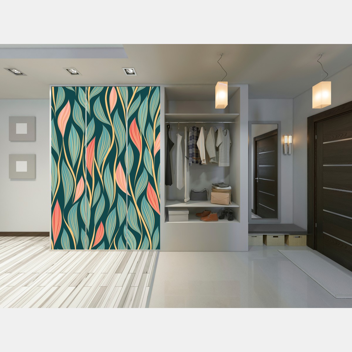 Naklejka na szafę botaniczny wzór liści w turkusie i koralu – Wallissimo® Naklejka na szafę botaniczny wzór liści w turkusie i koralu – Wallissimo®