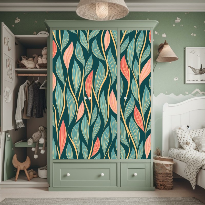 Naklejka na szafę botaniczny wzór liści w turkusie i koralu – Wallissimo® Naklejka na szafę botaniczny wzór liści w turkusie i koralu – Wallissimo®