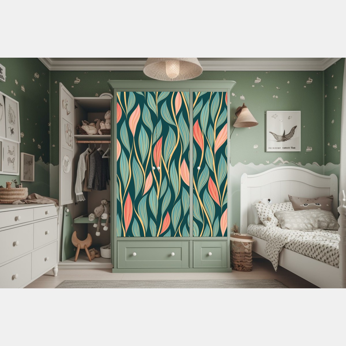 Naklejka na szafę botaniczny wzór liści w turkusie i koralu – Wallissimo® Naklejka na szafę botaniczny wzór liści w turkusie i koralu – Wallissimo®