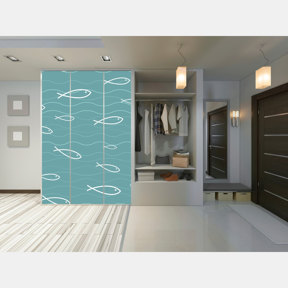 Naklejka na szafę turkusowy wzór z rybkami – Wallissimo® Naklejka na szafę turkusowy wzór z rybkami – Wallissimo®