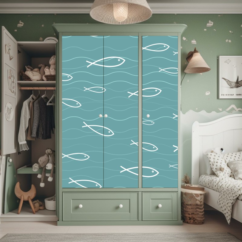 Naklejka na szafę turkusowy wzór z rybkami – Wallissimo® Naklejka na szafę turkusowy wzór z rybkami – Wallissimo®