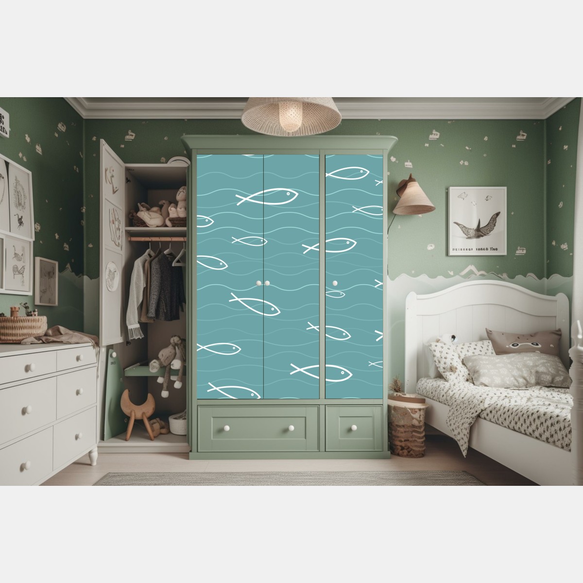 Naklejka na szafę turkusowy wzór z rybkami – Wallissimo® Naklejka na szafę turkusowy wzór z rybkami – Wallissimo®