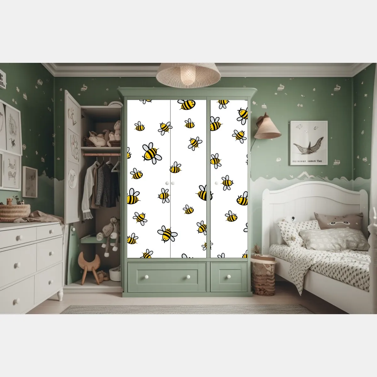 Naklejka na szafę wesoły wzór z pszczołami do pokoju dziecięcego – Wallissimo® Naklejka na szafę wesoły wzór z pszczołami do pokoju dziecięcego – Wallissimo®