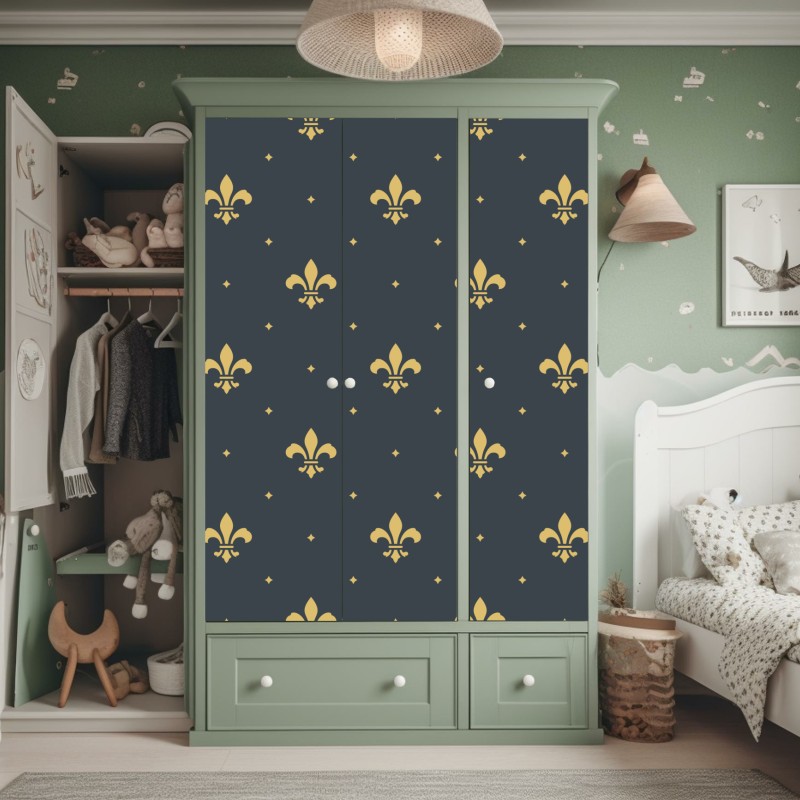 Naklejka na szafę złoty wzór lilii na ciemnym tle – Wallissimo® Naklejka na szafę złoty wzór lilii na ciemnym tle – Wallissimo®