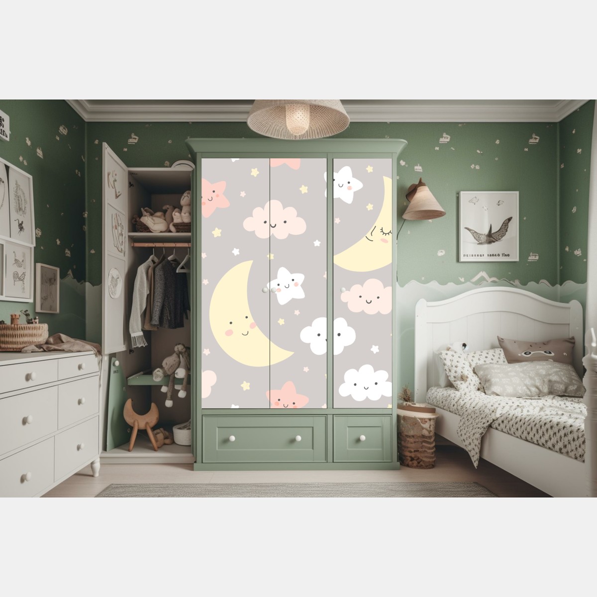 Naklejka na szafę senny księżyc i gwiazdki wzór do pokoju dziecięcego – Wallissimo® Naklejka na szafę senny księżyc i gwiazdki wzór do pokoju dziecięcego – Wallissimo®