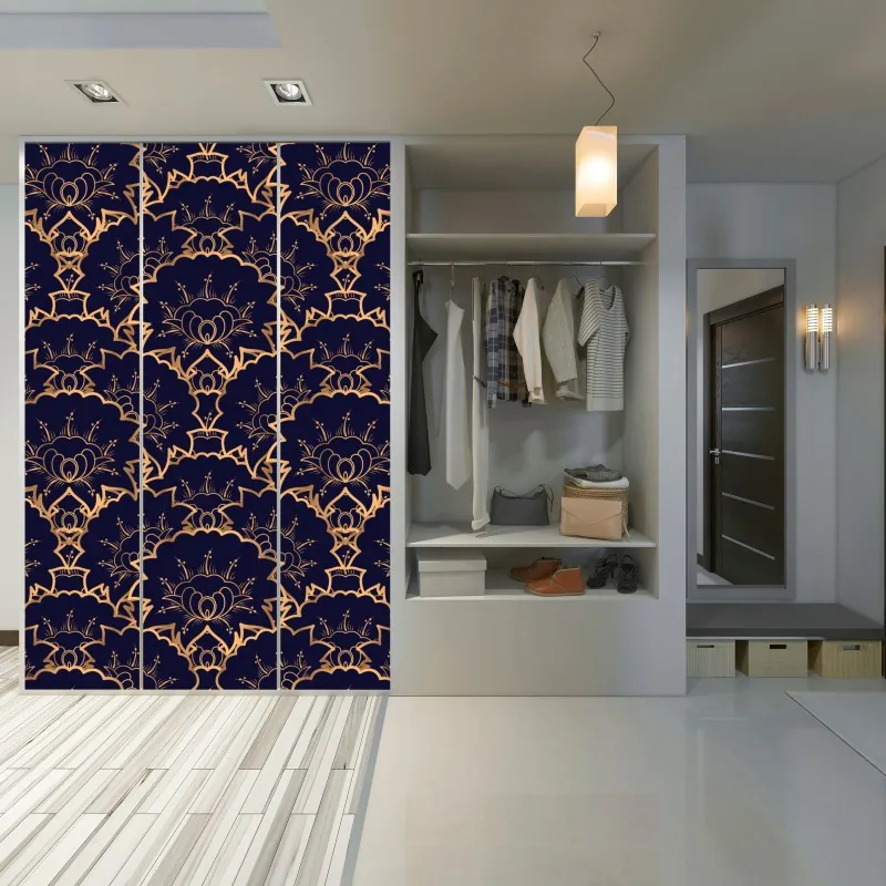 Naklejka na szafę luksusowy złoty wzór kwiatowy na granacie – Wallissimo® Naklejka na szafę luksusowy złoty wzór kwiatowy na granacie – Wallissimo®