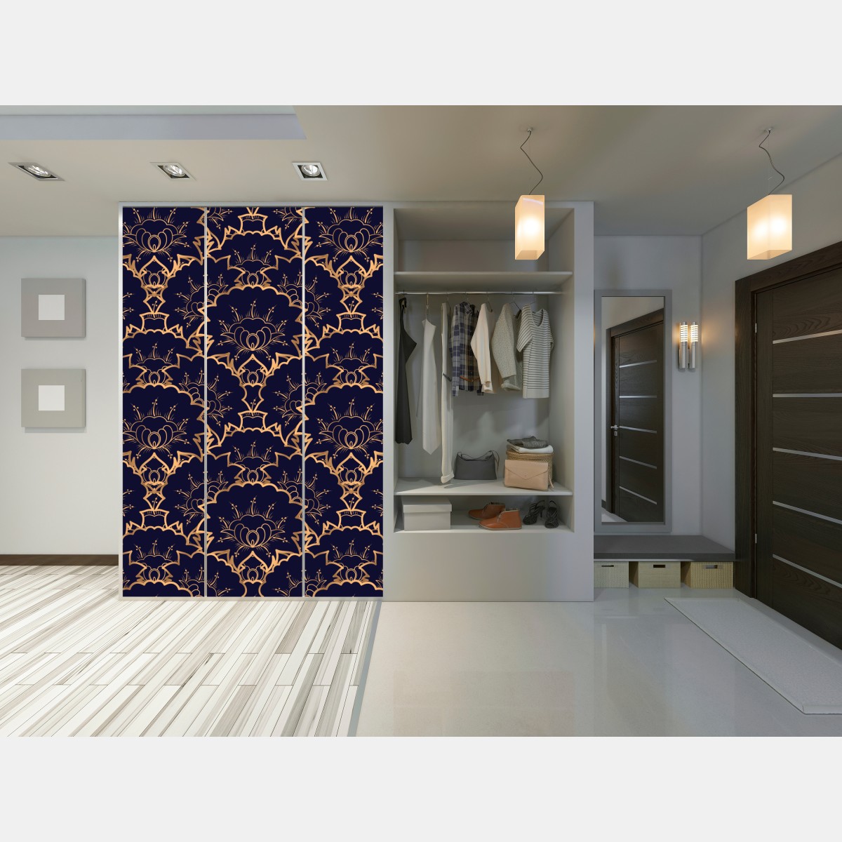 Naklejka na szafę luksusowy złoty wzór kwiatowy na granacie – Wallissimo® Naklejka na szafę luksusowy złoty wzór kwiatowy na granacie – Wallissimo®