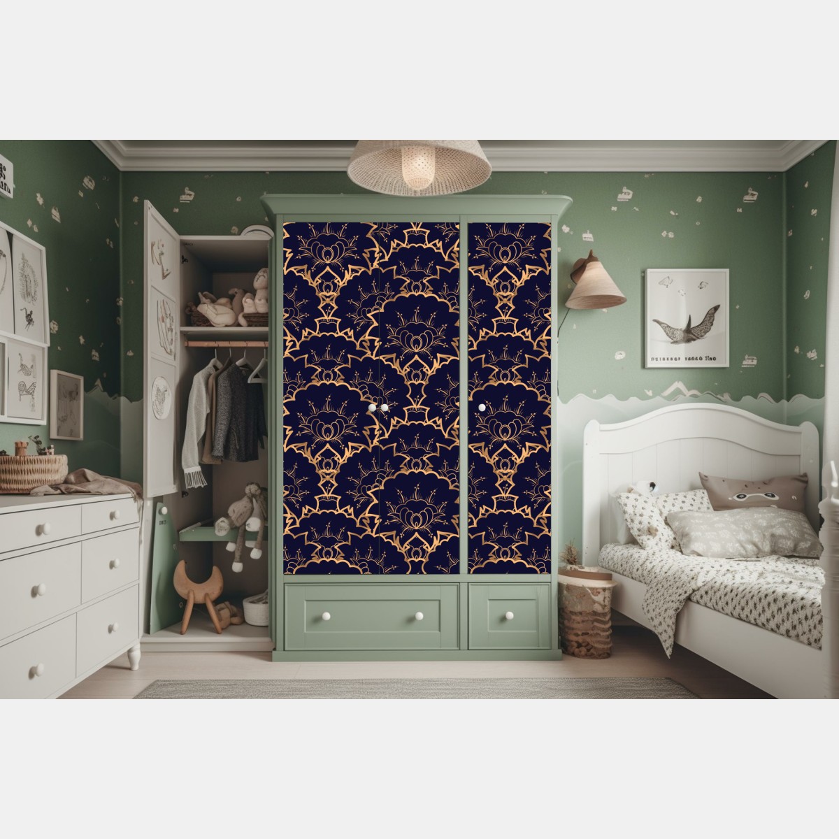 Naklejka na szafę luksusowy złoty wzór kwiatowy na granacie – Wallissimo® Naklejka na szafę luksusowy złoty wzór kwiatowy na granacie – Wallissimo®