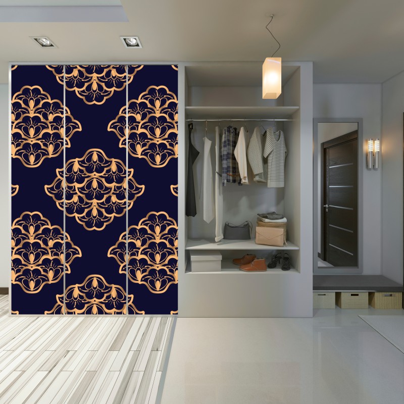 Naklejka na szafę złoty wzór damaskowy na granatowym tle – Wallissimo® Naklejka na szafę złoty wzór damaskowy na granatowym tle – Wallissimo®
