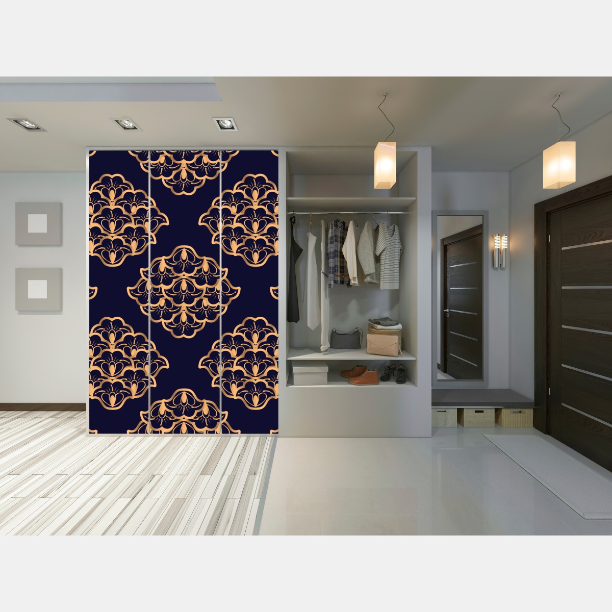 Naklejka na szafę złoty wzór damaskowy na granatowym tle – Wallissimo® Naklejka na szafę złoty wzór damaskowy na granatowym tle – Wallissimo®