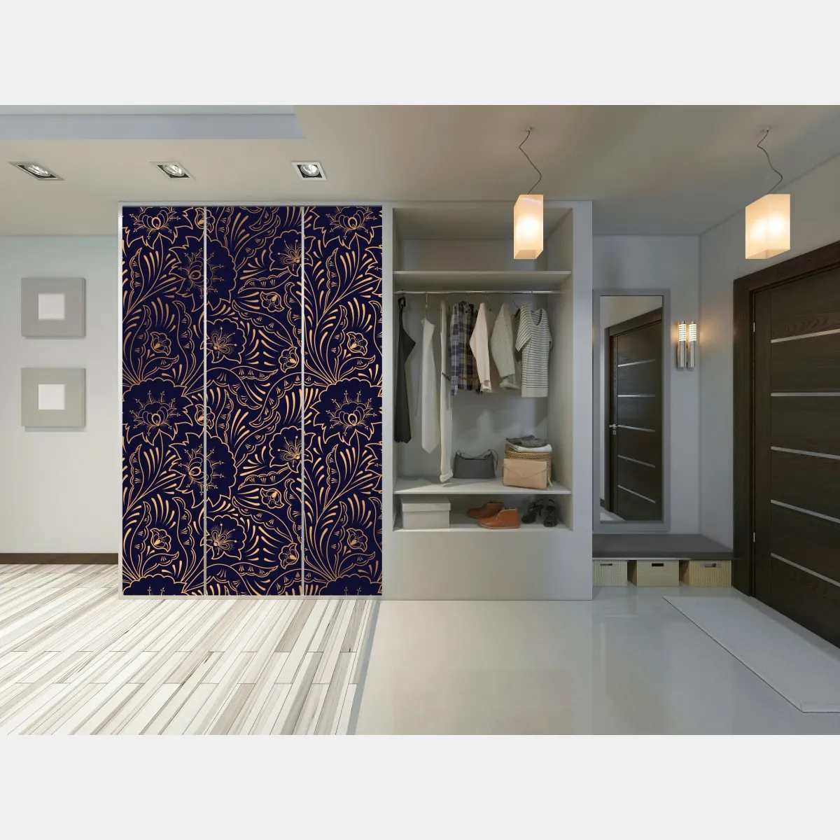 Naklejka na szafę złoty kwiatowy ornament na granatowym tle – Wallissimo® Naklejka na szafę złoty kwiatowy ornament na granatowym tle – Wallissimo®