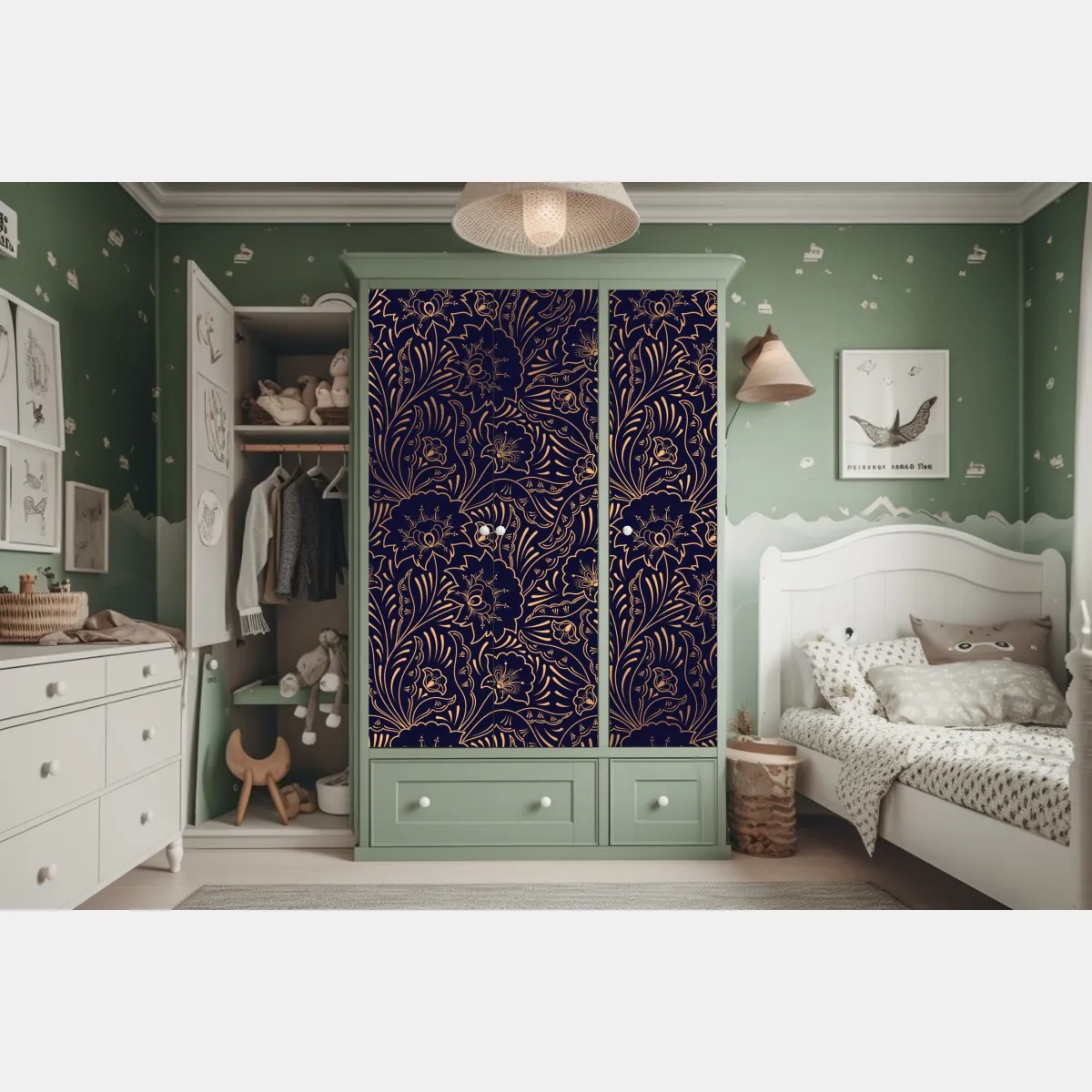 Naklejka na szafę złoty kwiatowy ornament na granatowym tle – Wallissimo® Naklejka na szafę złoty kwiatowy ornament na granatowym tle – Wallissimo®