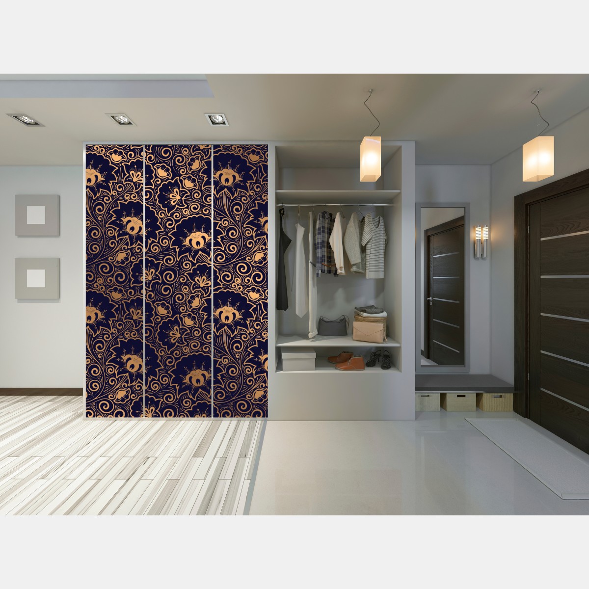 Naklejka na szafę luksusowy złoty wzór kwiatowy na ciemnym tle – Wallissimo® Naklejka na szafę luksusowy złoty wzór kwiatowy na ciemnym tle – Wallissimo®