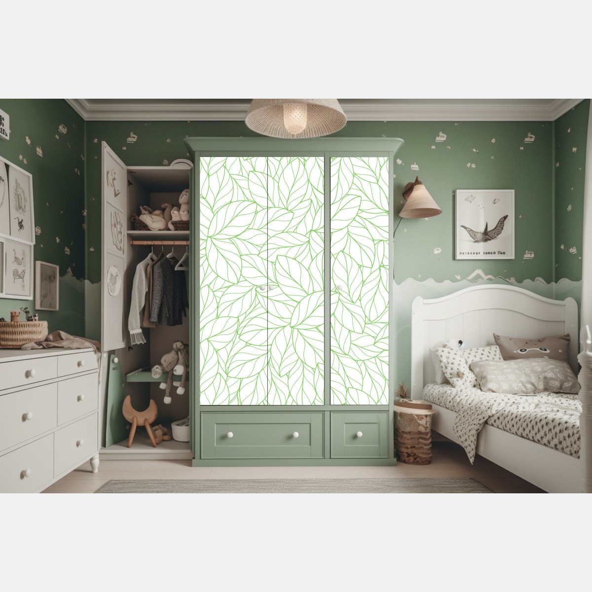 Naklejka na szafę zielony wzór liści – Wallissimo® Naklejka na szafę zielony wzór liści – Wallissimo®