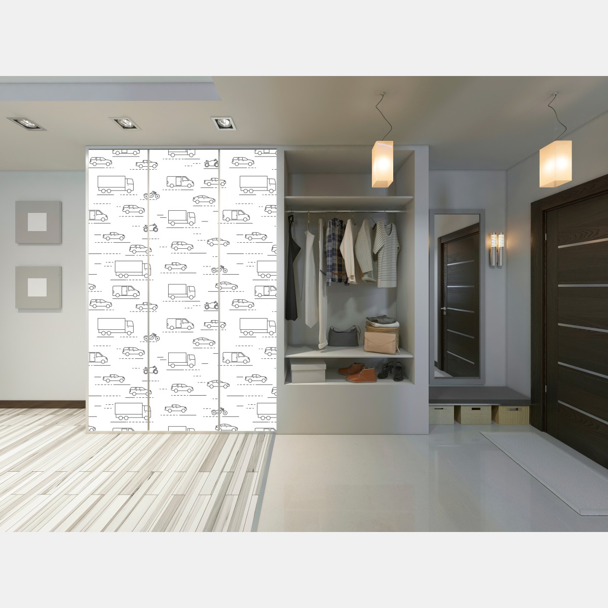 Naklejka na szafę monochromatyczny wzór pojazdów – Wallissimo® Naklejka na szafę monochromatyczny wzór pojazdów – Wallissimo®