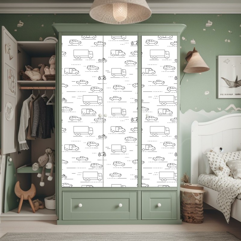 Naklejka na szafę monochromatyczny wzór pojazdów – Wallissimo® Naklejka na szafę monochromatyczny wzór pojazdów – Wallissimo®
