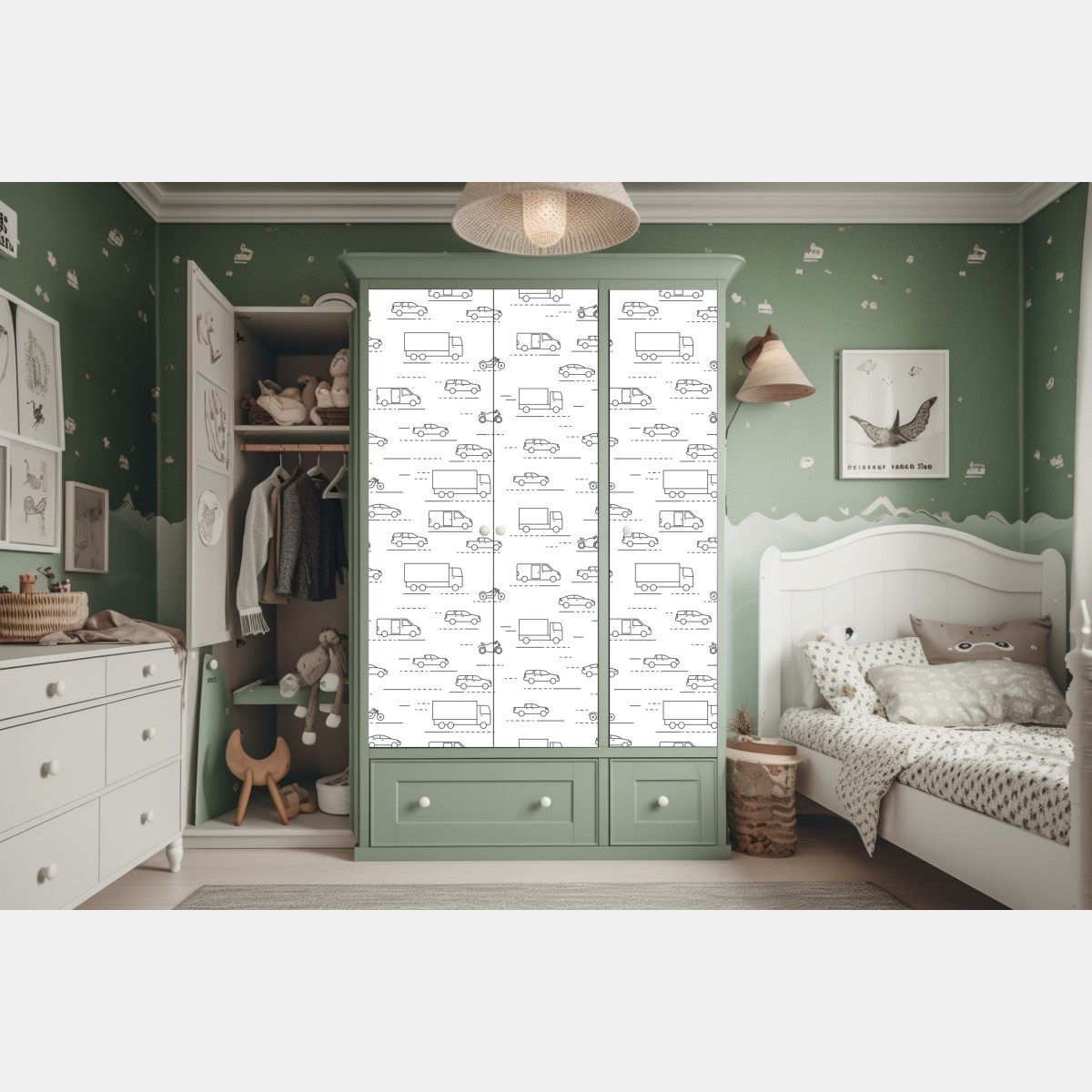 Naklejka na szafę monochromatyczny wzór pojazdów – Wallissimo® Naklejka na szafę monochromatyczny wzór pojazdów – Wallissimo®