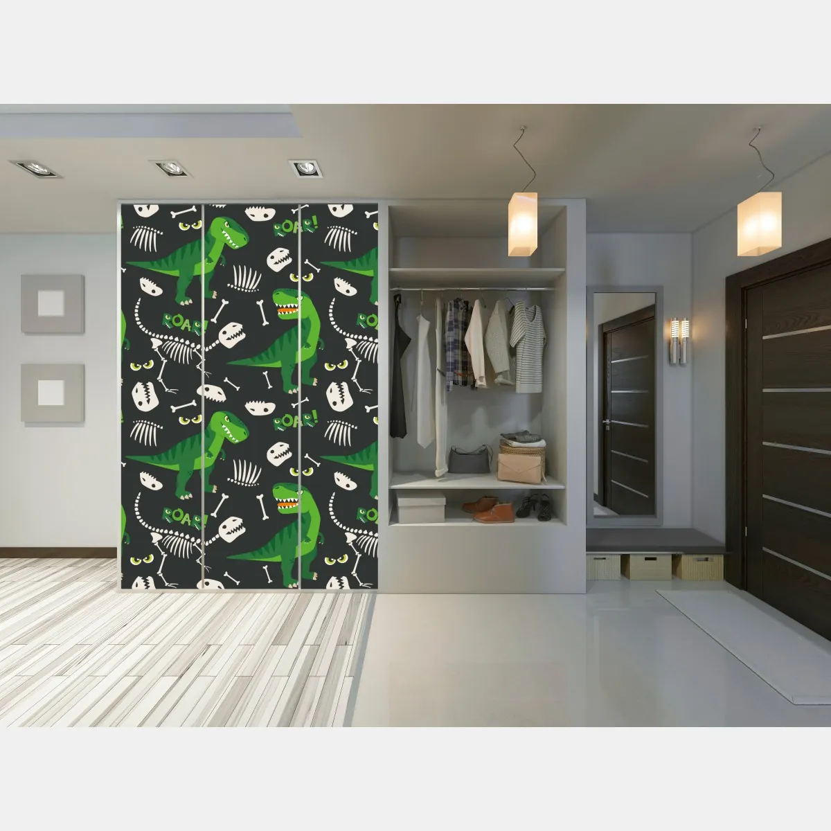 Naklejka na szafę wesoły zielony t-rex wzór – Wallissimo® Naklejka na szafę wesoły zielony t-rex wzór – Wallissimo®