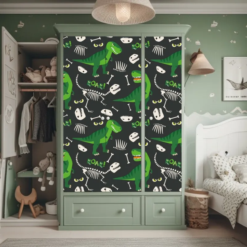 Naklejka na szafę wesoły zielony t-rex wzór – Wallissimo® Naklejka na szafę wesoły zielony t-rex wzór – Wallissimo®