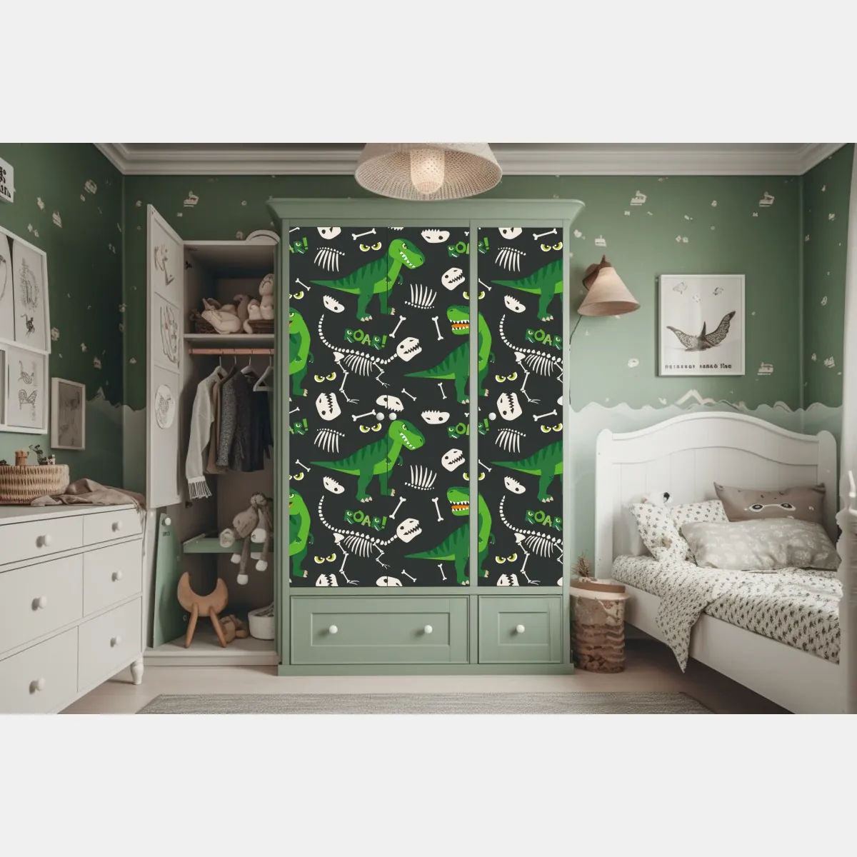 Naklejka na szafę wesoły zielony t-rex wzór – Wallissimo® Naklejka na szafę wesoły zielony t-rex wzór – Wallissimo®