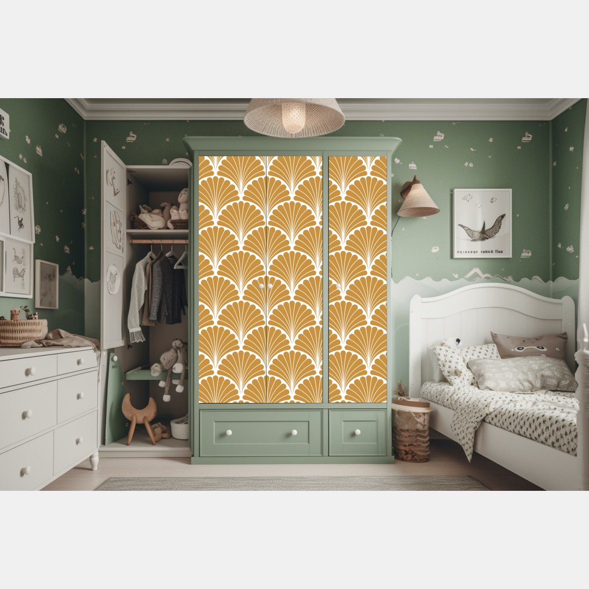 Naklejka na szafę złoty wzór wachlarza w stylu art deco – Wallissimo® Naklejka na szafę złoty wzór wachlarza w stylu art deco – Wallissimo®