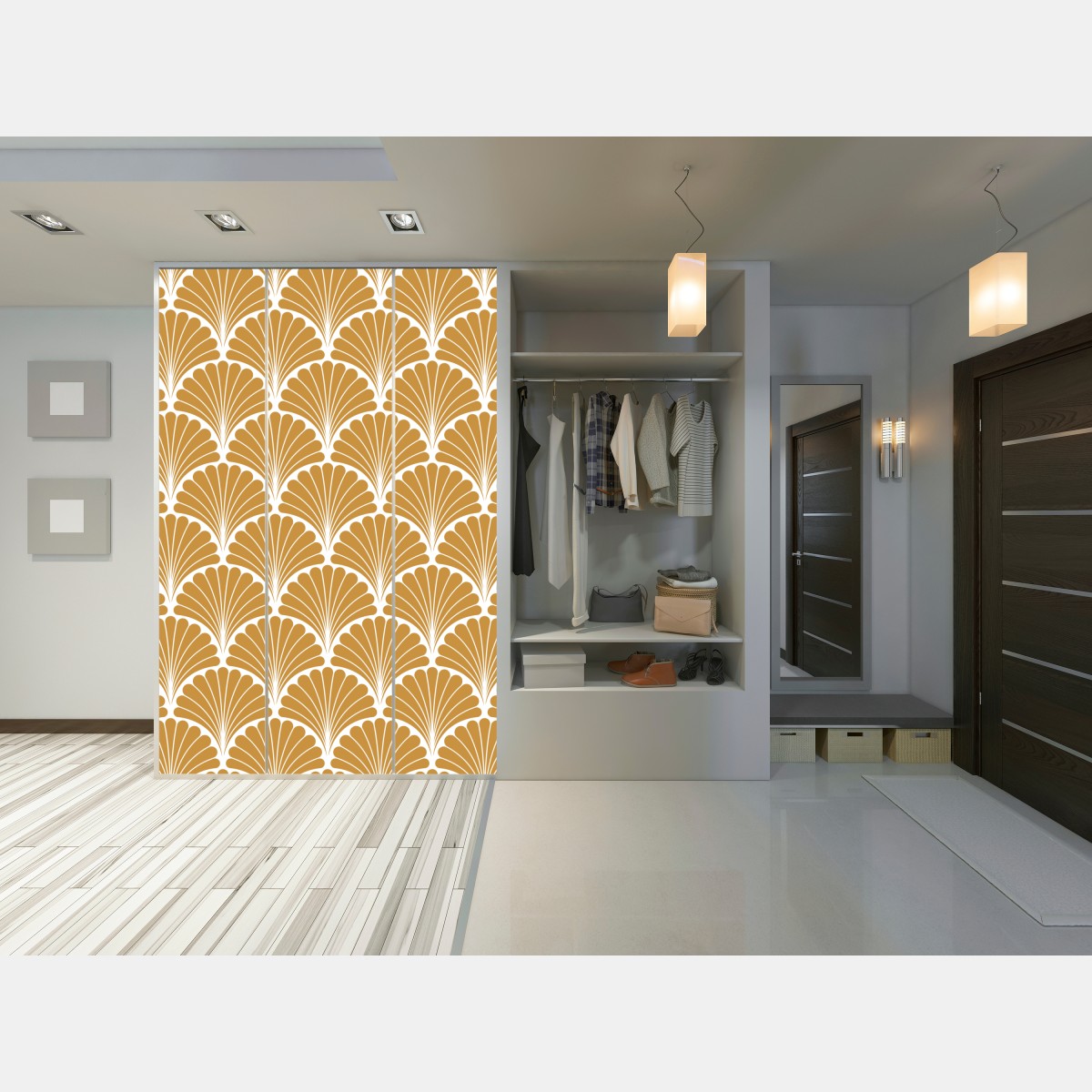 Naklejka na szafę złoty wzór wachlarza w stylu art deco – Wallissimo® Naklejka na szafę złoty wzór wachlarza w stylu art deco – Wallissimo®