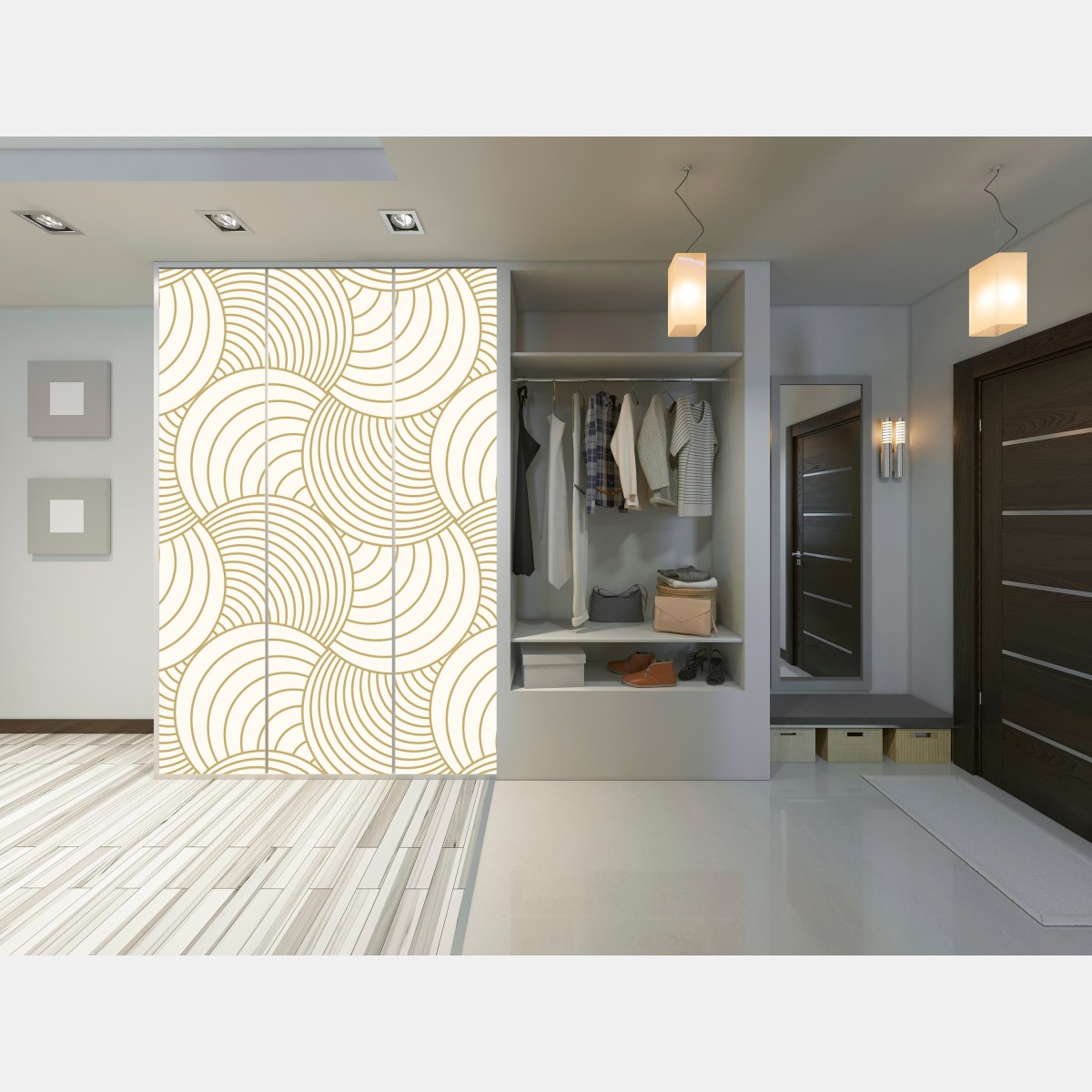 Naklejka na szafę złoty art deco wzór okręgów – Wallissimo® Naklejka na szafę złoty art deco wzór okręgów – Wallissimo®