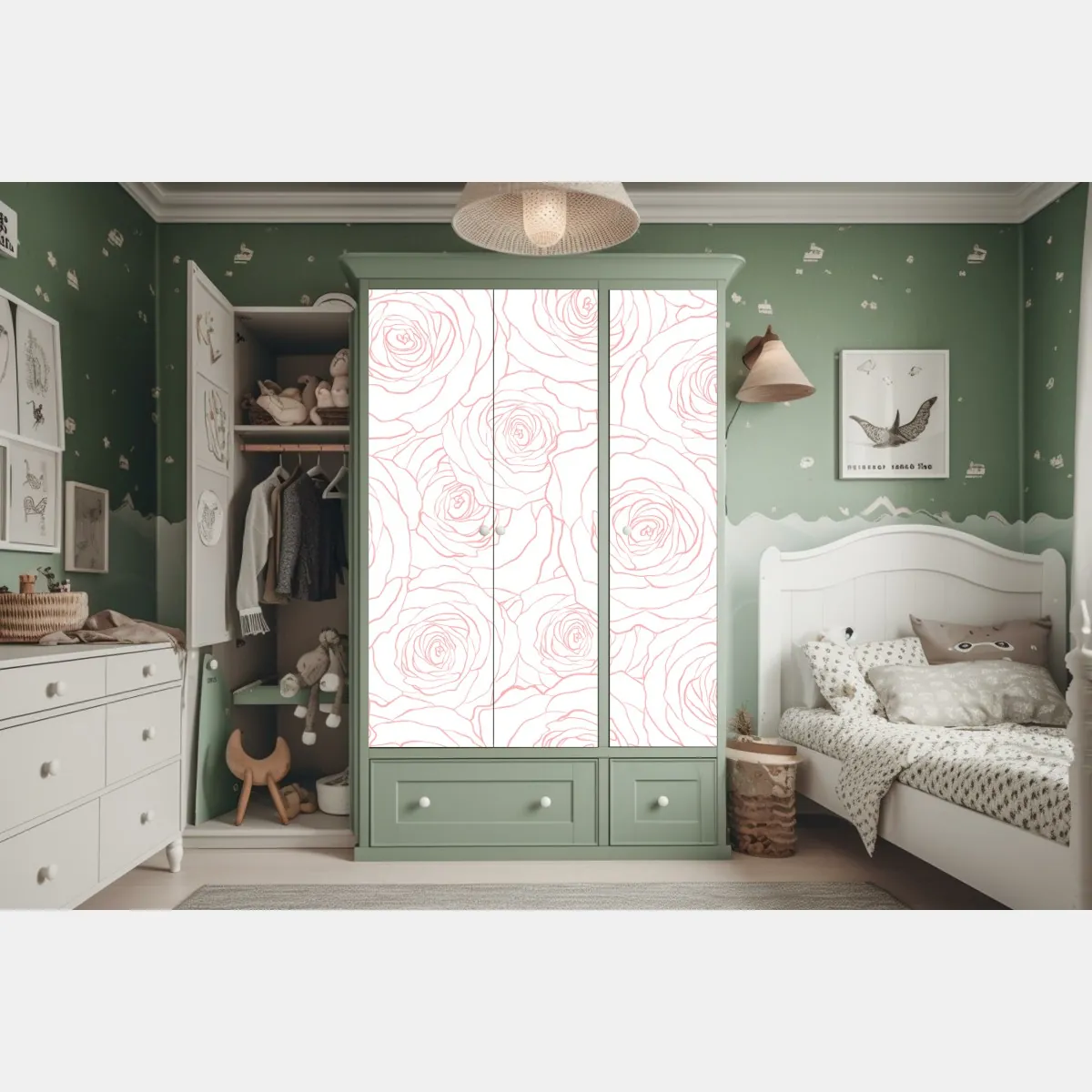 Naklejka na szafę delikatny wzór różowych róż – Wallissimo® Naklejka na szafę delikatny wzór różowych róż – Wallissimo®