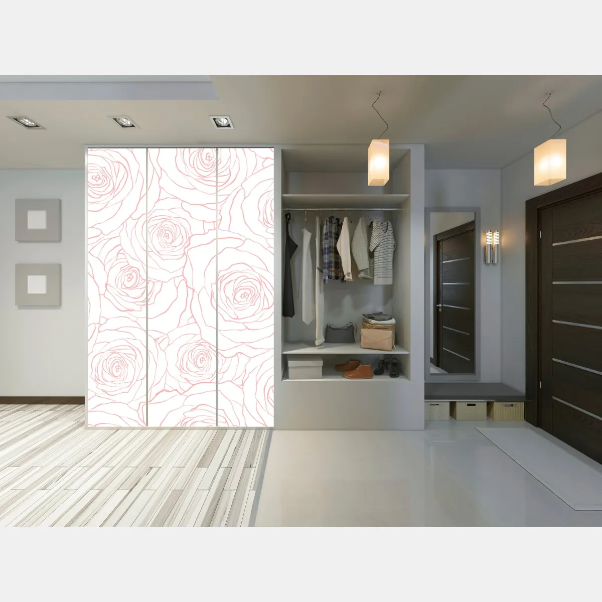 Naklejka na szafę delikatny wzór różowych róż – Wallissimo® Naklejka na szafę delikatny wzór różowych róż – Wallissimo®