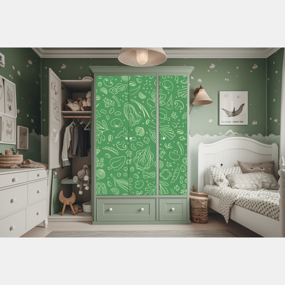 Naklejka na szafę zielony wzór z warzywami – Wallissimo® Naklejka na szafę zielony wzór z warzywami – Wallissimo®