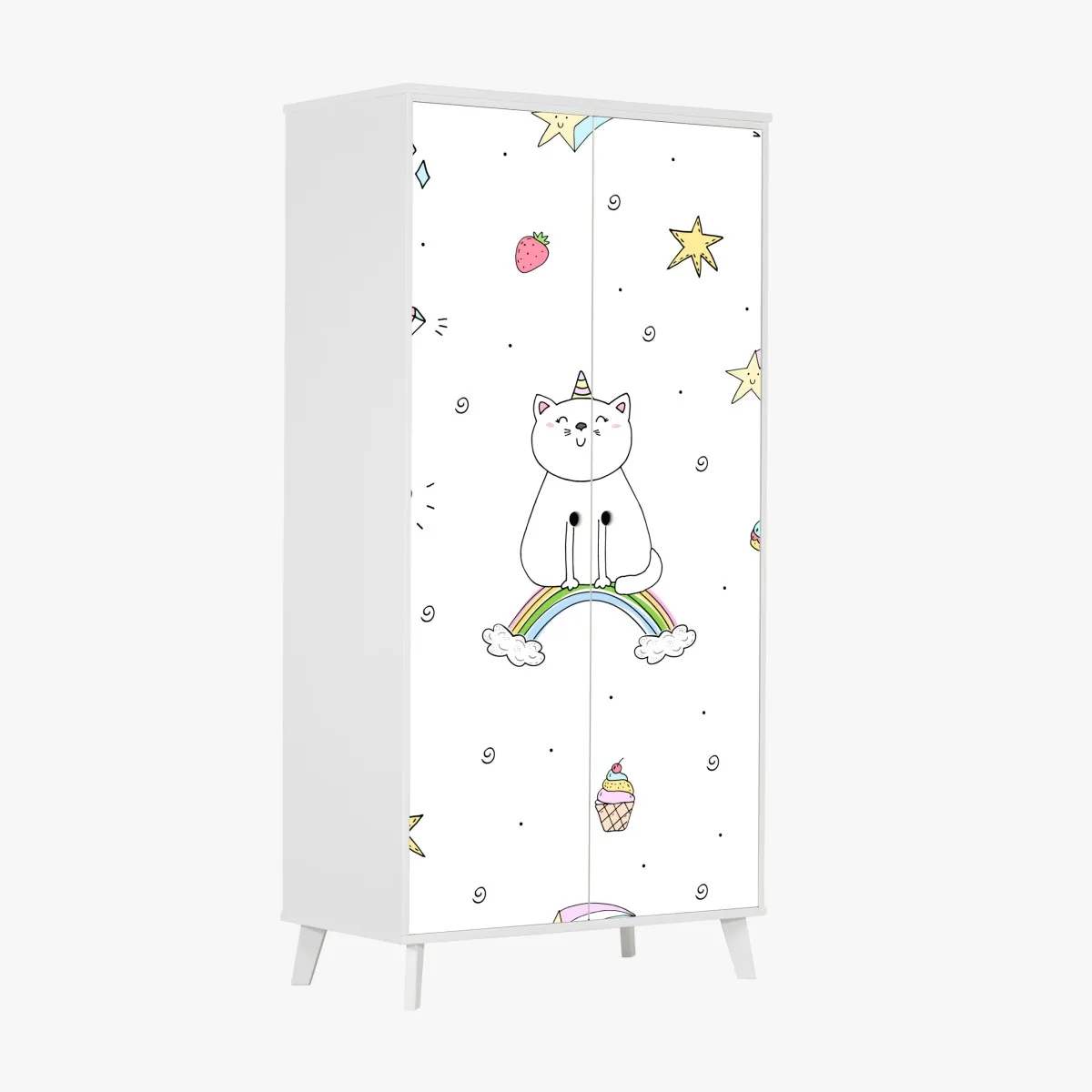 Naklejka na szafę pastelowy kot jednorożec na tęczy – Wallissimo® Naklejka na szafę pastelowy kot jednorożec na tęczy – Wallissimo®