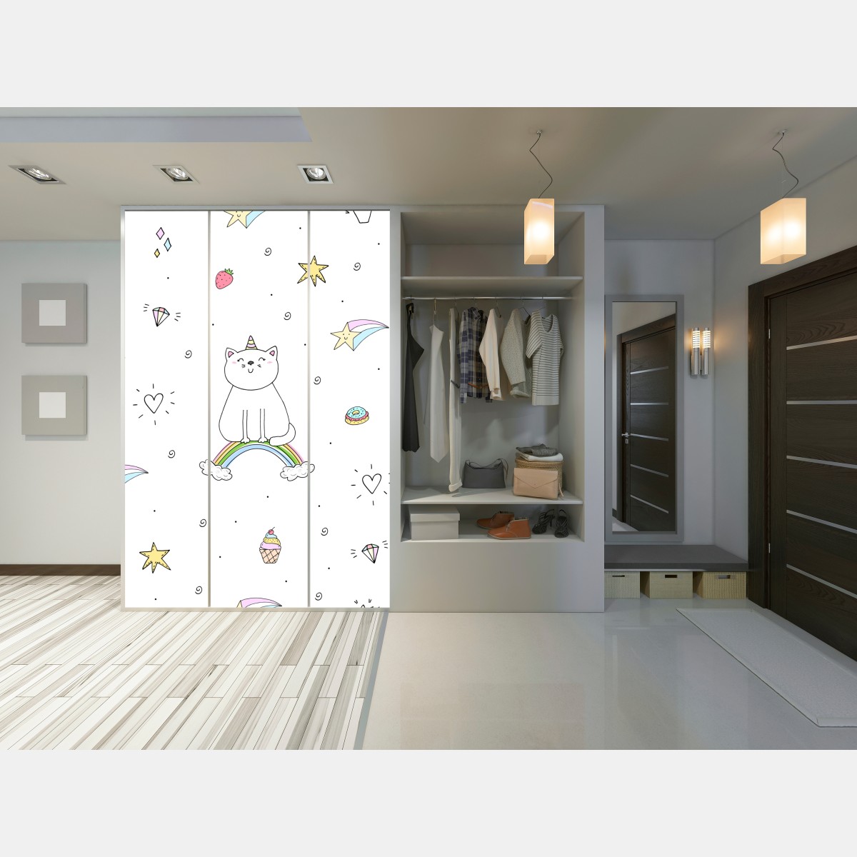 Naklejka na szafę pastelowy kot jednorożec na tęczy – Wallissimo® Naklejka na szafę pastelowy kot jednorożec na tęczy – Wallissimo®