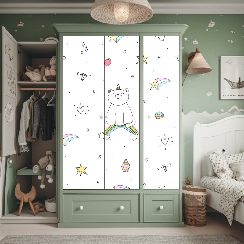 Naklejka na szafę pastelowy kot jednorożec na tęczy – Wallissimo® Naklejka na szafę pastelowy kot jednorożec na tęczy – Wallissimo®