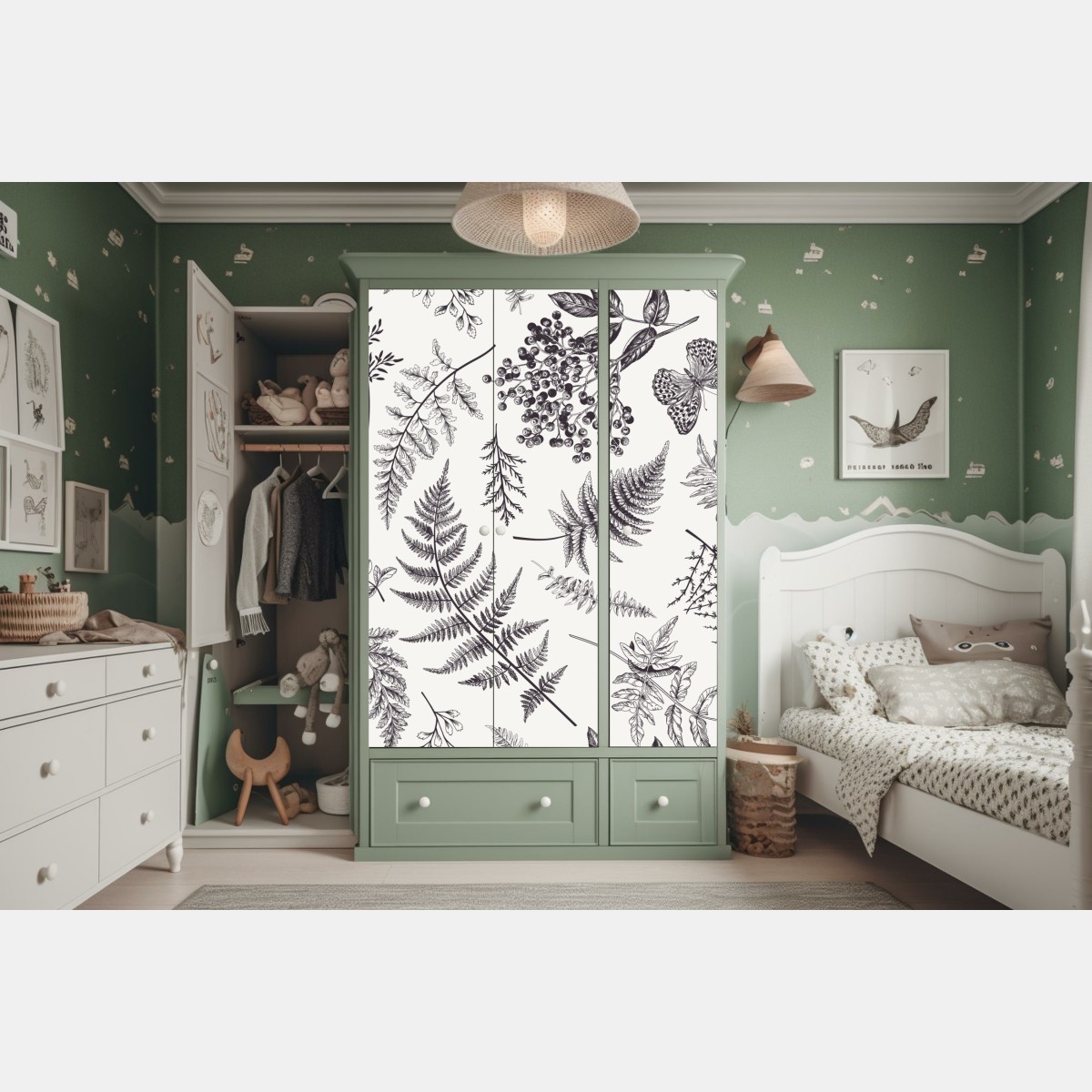 Naklejka na szafę monochromatyczny botaniczny wzór liści – Wallissimo® Naklejka na szafę monochromatyczny botaniczny wzór liści – Wallissimo®