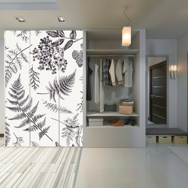 Naklejka na szafę monochromatyczny botaniczny wzór liści – Wallissimo® Naklejka na szafę monochromatyczny botaniczny wzór liści – Wallissimo®