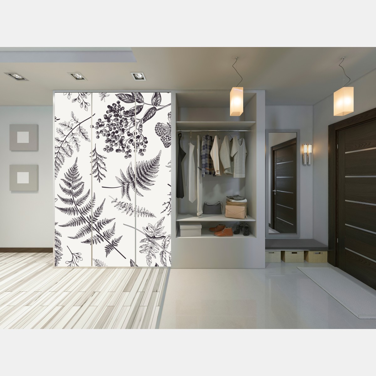 Naklejka na szafę monochromatyczny botaniczny wzór liści – Wallissimo® Naklejka na szafę monochromatyczny botaniczny wzór liści – Wallissimo®