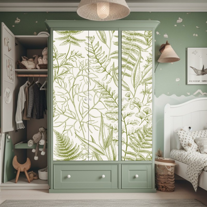 Naklejka na szafę ręcznie rysowane zielone liście – Wallissimo® Naklejka na szafę ręcznie rysowane zielone liście – Wallissimo®