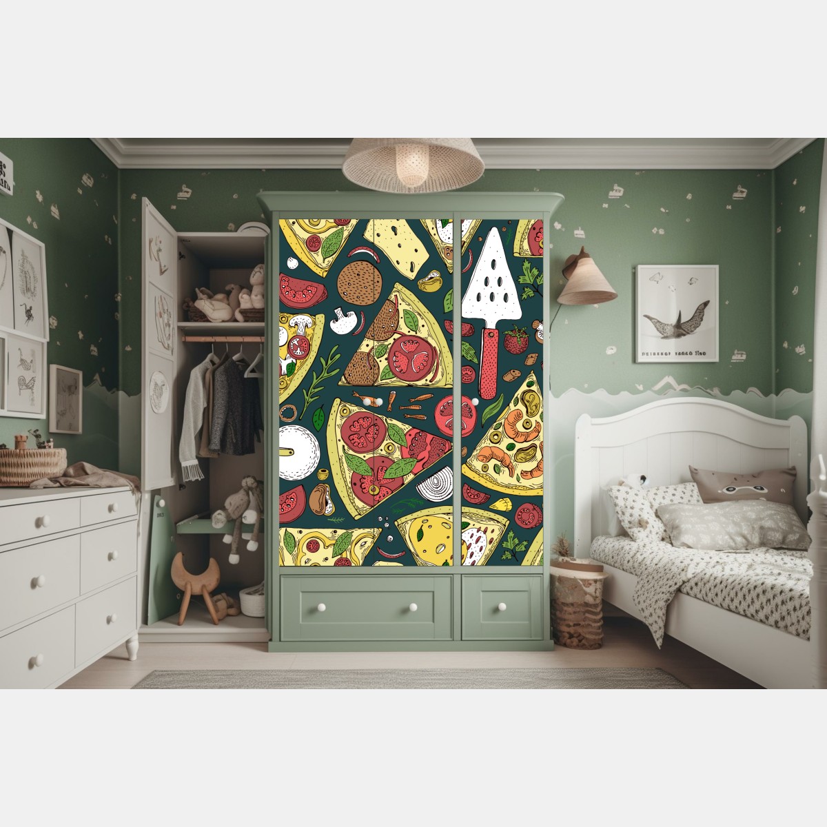 Naklejka na szafę kolorowy wzór plasterków pizzy – Wallissimo® Naklejka na szafę kolorowy wzór plasterków pizzy – Wallissimo®